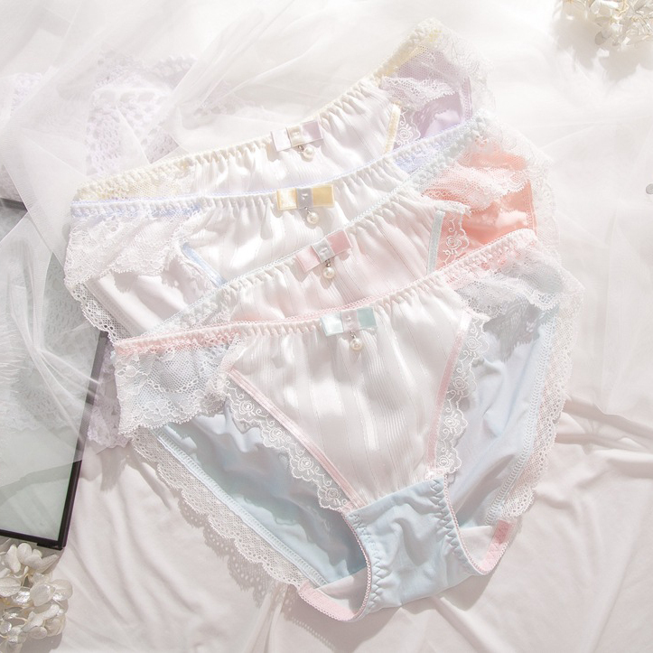 2024 New Candy-Colored Chiffon Spliced Milk Silk Beaded Bow Sweet Lace Hip-Hugging Girl's Panties