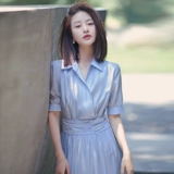 Летний приталенный ретро корсет, кремовая синяя рубашка, платье, изысканный стиль