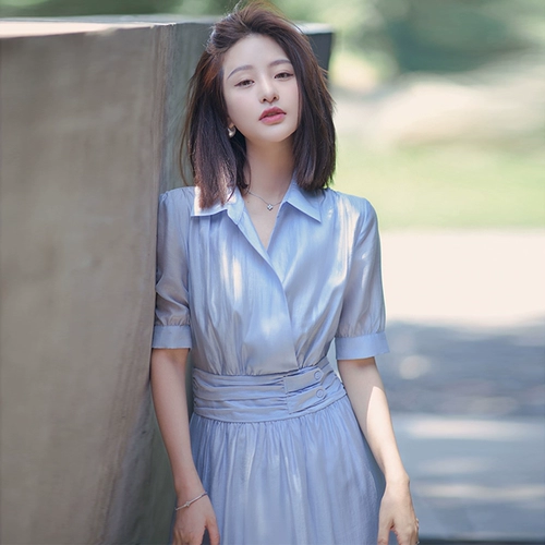 Летний приталенный ретро корсет, кремовая синяя рубашка, платье, изысканный стиль