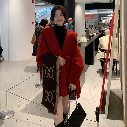 Зимнее красное летнее пальто с капюшоном, шерстяной плащ, куртка, изысканный стиль