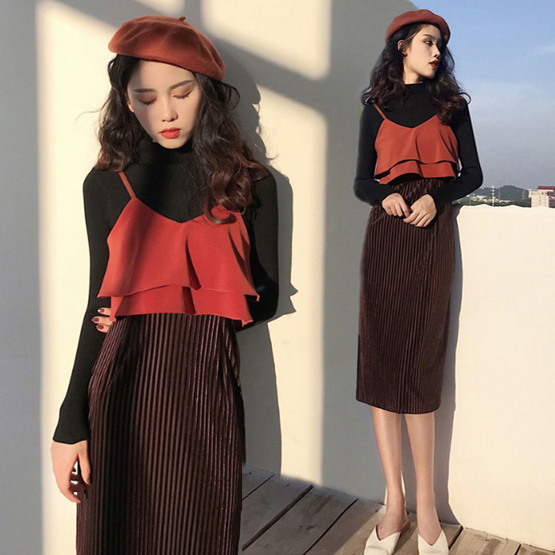 2021 autumn and winter new female Hong Kong style retro soft girl Hong Kong style foreign style all-match sweater with skirt two-piece suit