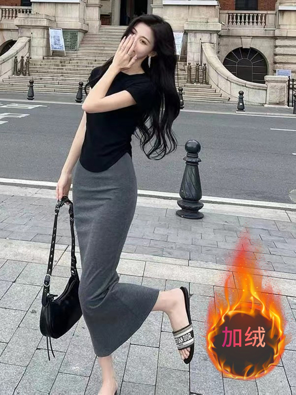 Japanese and Korean Style Autumn and Winter New Straight Skirt Mid-Length Petite Bodycon Long Skirt Sexy Slit Skirt for Women