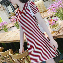 New summer casual sports mid-length V-neck short-sleeved women's large size slim striped POLO dress cotton A-line skirt