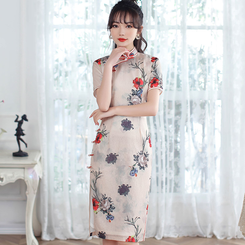 Lightweight retro long summer cheongsam, mid-length, 2021 years, Chinese style