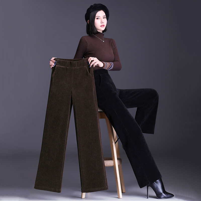 Gush thickened with high waist Snow Neil wide leg pants Female winter strips Velvety Slim Light Wick Suede Straight Drum Pants-Taobao