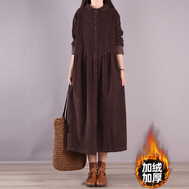 Corduroy Shirt Dress for Women, Autumn and Winter, Fleece-Lined, Thickened, Warm, Plus Size Women's Clothing, Mid-Length Corduroy Over-The-Knee Long Skirt