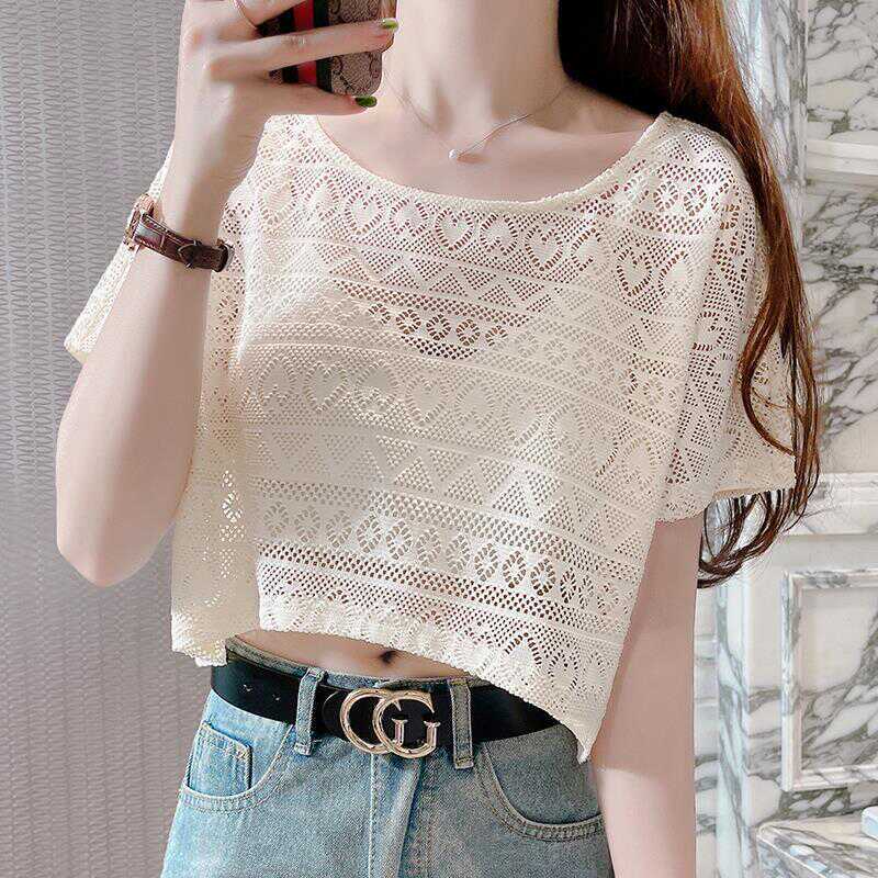 Summer Thin Pullover Sun Protection Hollow-Out Blouse Short Sleeve Lace Top Camisole Dress for Women Summer Thin Pullover Sun Protection Hollow-Out Blouse Short Sleeve Lace Top Camisole Dress for Women