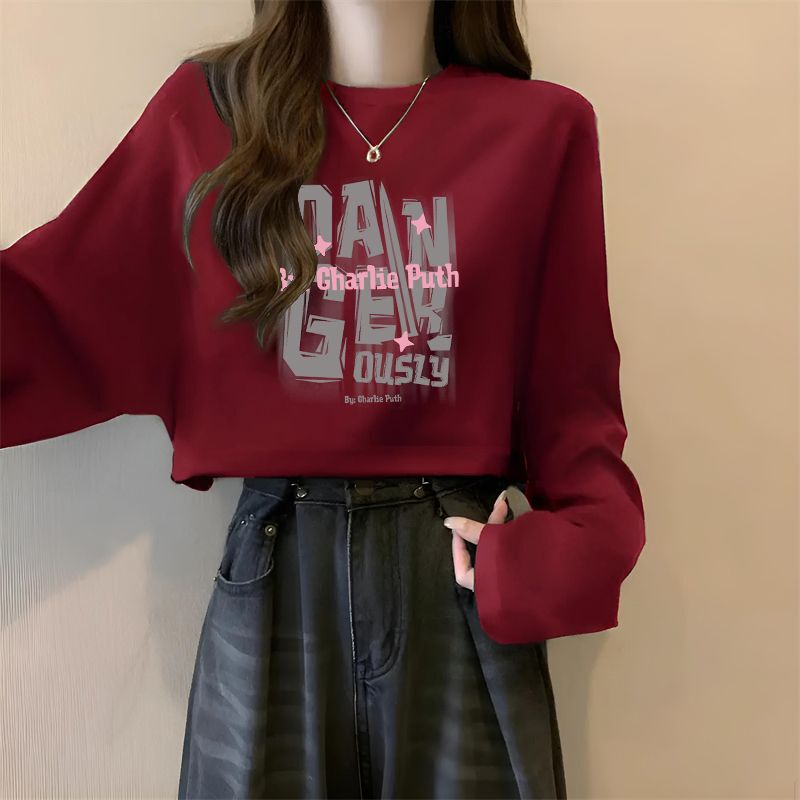 Burgundy Pure Cotton Short Long-Sleeved T-Shirt for Women ins Spring and Autumn New Student Korean Style Loose Base Shirt Top Trendy