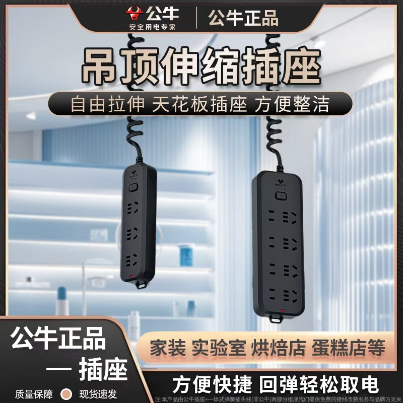 Bull Brand Spring Cord Ceiling-Mounted Power Strip for Cake Shop Laboratory, Multi-Functional Multi-Port Power Board