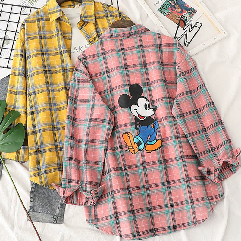 Áo sơ mi kẻ sọc nữ 2020 mới mặc Mickey hoang dã retro Hồng Kông hương vị áo lưới nữ thiết kế phù hợp - Áo sơ mi dài tay