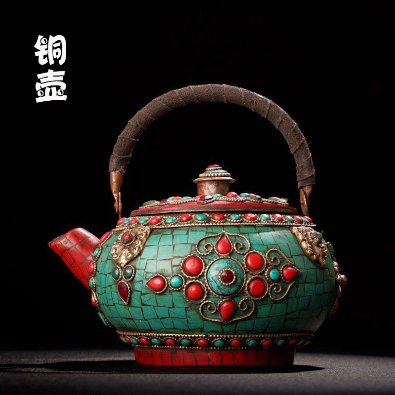 Tibet Collects Pure Copper Mosaic Gems Tibetan Butter Pot Copper Teapot Kettle Home Tea Table Office Decoration