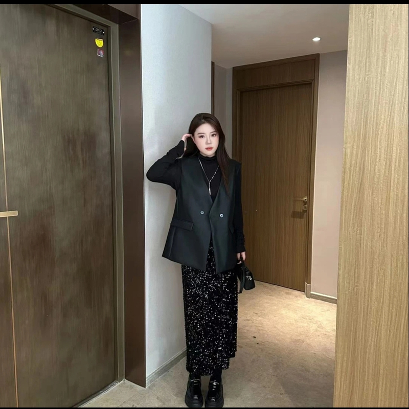 Spotlight Heavy Industry Half-Length Skirt~Sparkling Sequin Silk Spring and Autumn New High-Waisted Slit Bodycon Plus Size Midi Skirt