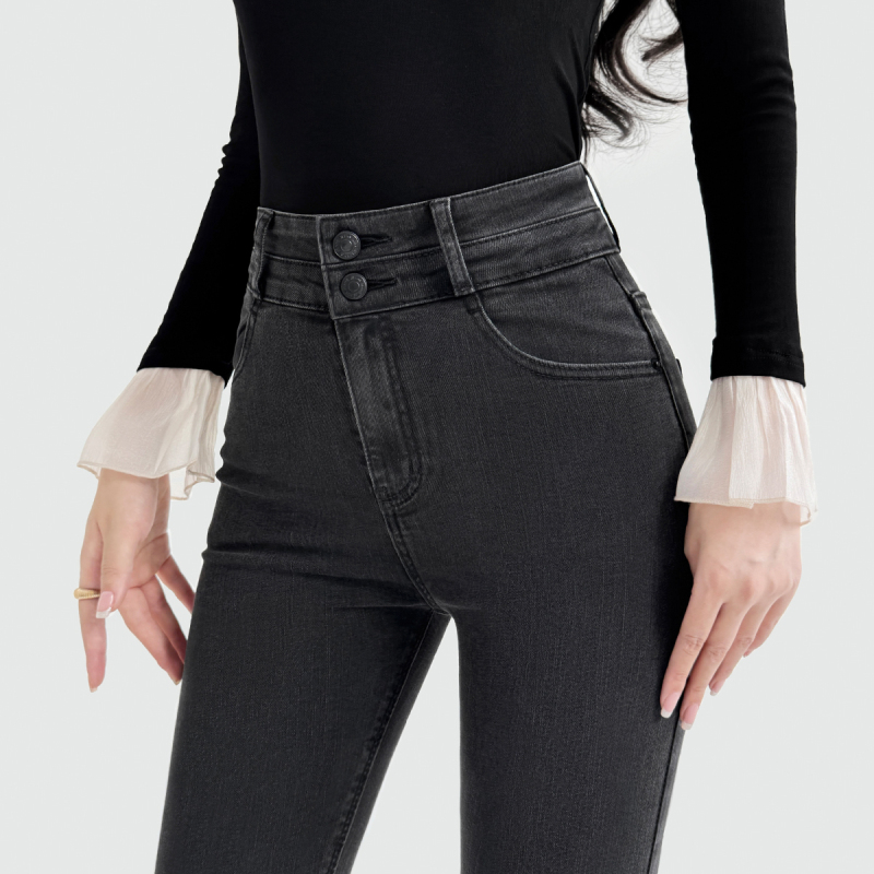 High-End Women's High-Waisted Fleece-Lined Skinny Jeans, Slim-Fit Pencil Pants in Gray, New for Spring, Autumn, and Winter 2026
