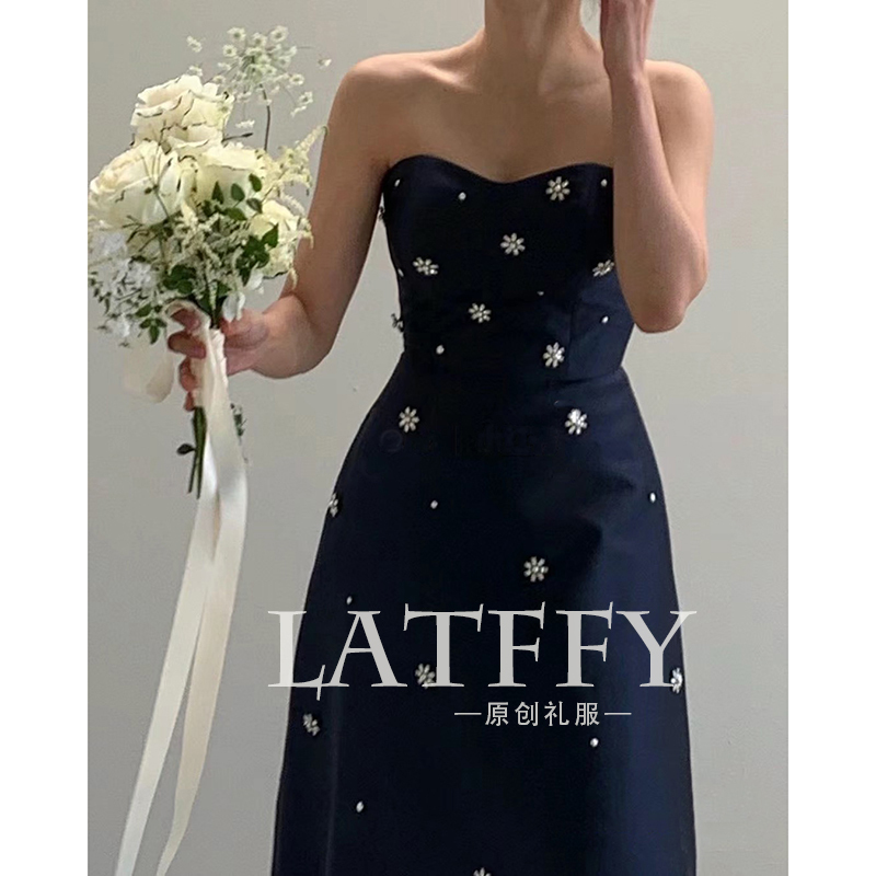 Blue Strapless Engagement Evening Dress for Women, Light Luxury Niche Annual Meeting Host Dress, Korean Style Coming-Of-Age Ceremony Princess Dress Blue Strapless Engagement Evening Dress for Women, Light Luxury Niche Annual Meeting Host Dress, Korean Style Coming-Of-Age Ceremony Princess Dress