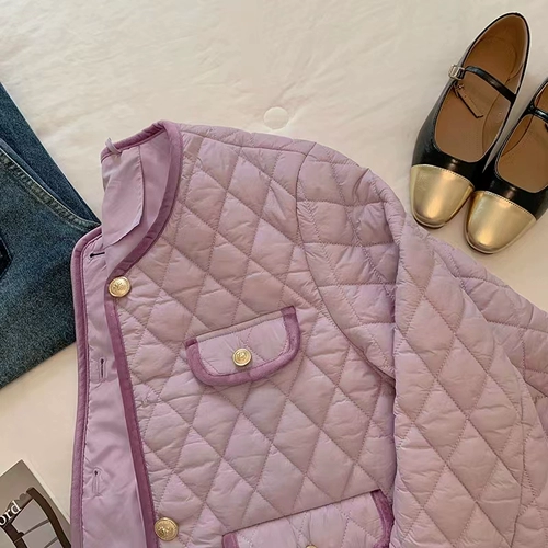 Сиреневый пуховик, демисезонная стеганая куртка, в стиле Шанель, французский стиль