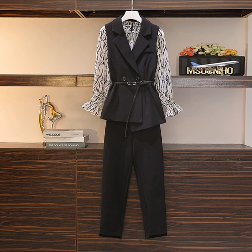 Жилет, рубашка, штаны, осенний модный комплект, 3 предмета, подходит для полных девушек, в западном стиле, по фигуре