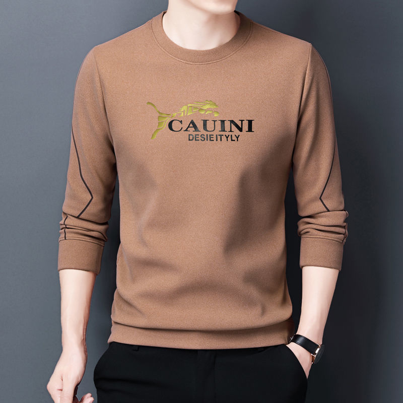 Spring Long-Sleeved T-Shirt for Men, Casual Double-Sided Fleece Base Layer, Round Neck Thermal Sweatshirt for Young and Middle-Aged Men, Slim Fit Trendy