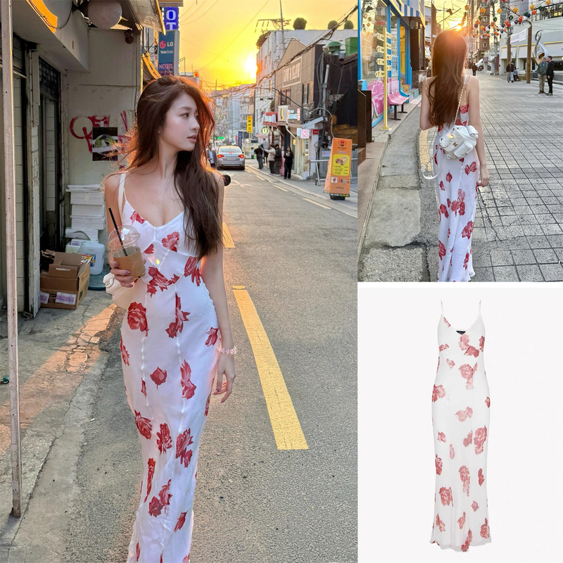 In Stock, Xu Rulan's Same Style Realisation Par Silk White Rose Print Spaghetti Strap Long Dress