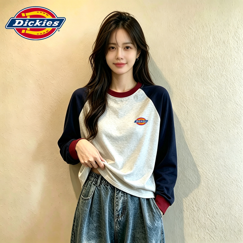 Dickies 2026 Autumn American Style Color Block Long Sleeve T-Shirt for Women, Loose Fit, Versatile Round Neck, Contrast Color Raglan Sleeves, Casual Dickies 2026 Autumn American Style Color Block Long Sleeve T-Shirt for Women, Loose Fit, Versatile Round Neck, Contrast Color Raglan Sleeves, Casual
