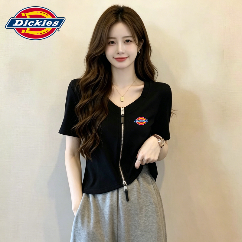 Dickies Black Regular Shoulder Double Zipper Short-Sleeve T-Shirt for Women, New Summer Low-Neck European Style Short Top for Women
