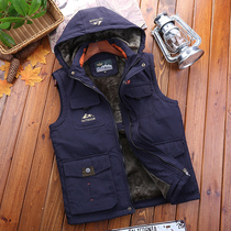 Autumn and winter vest thickened fleece warm multi-pocket stand collar hooded leisure outdoor photography fishing vest waistcoat men