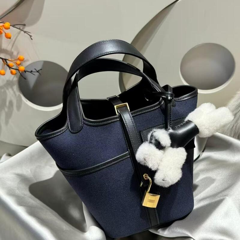 Handmade Waxed Thread Basket Bag 18cm Women's Bag Cargo Canvas Mixed with Swift Leather Bucket Versatile Tote Bucket Bag