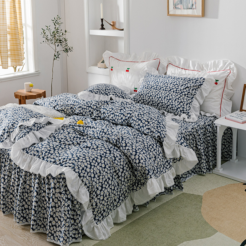 Korean-Japanese style vintage small floral cotton bed skirt four-piece set small fresh ruffled cotton sheet quilt cover pastoral style