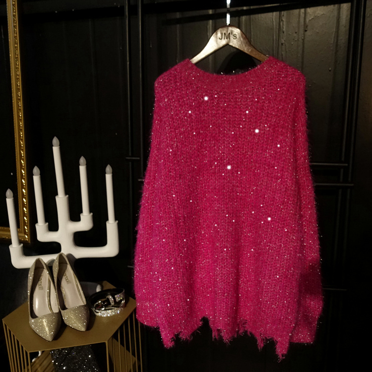 Chic Goddess Shiny Knit Sweater ins Korean Style Loose Slimming Sweet Versatile Age-Reducing Ripped Sweater