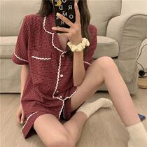 Summer sweetness Temperament Lace Plaid Short Sleeve Shorts Sweet pyjamas suit female to wear home in the summer
