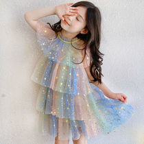 Girls dress for dress and summer clothes 2021 new foreign air fluffy mesh dress girl Rainbow stars Princess cake dress