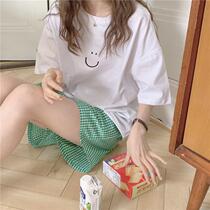 ins Summer Korean version minimalist casual cartoon smiley face cover short sleeve plaid pants pyjamas home suit can be worn out