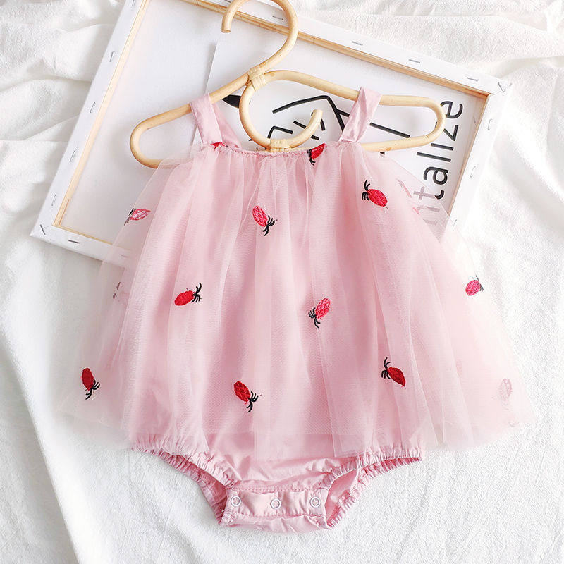 Baby Summer one-piece clothes cute harness mesh yarn dress female baby bag fart climbing and climbing clothes full moon pure cotton thin clothes-Taobao