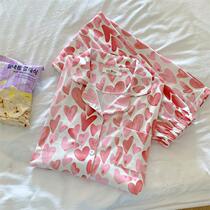 2021 New online red pyjamas womens spring and autumn season long sleeves peach heart sweet and open cardiovert minimalist home suit autumn and winter