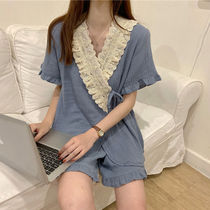 Summer Pyjamas Women Suit New Vintage Day Ensemble Kimono Kimono and Lace V Collar Loose Short Sleeve home Two sets of summer