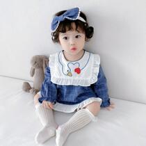 ins2021 spring and autumn long sleeves female baby Bathyme checkered Swan embroidered Hdress triangle Harsuit climbing suit