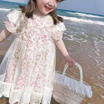 Girls short-sleeved mesh dress 2021 new childrens summer dress baby floral dress childrens Korean princess dress