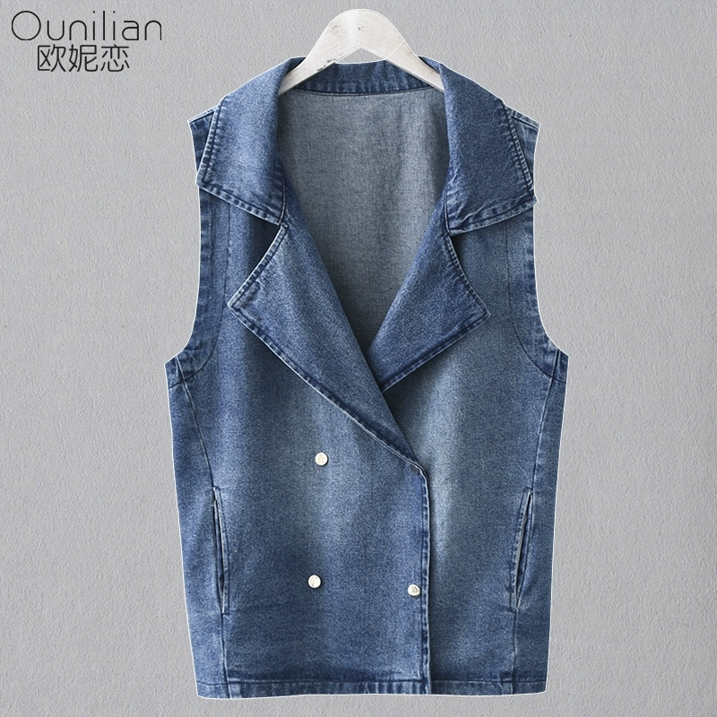 Mùa xuân và mùa thu XL áo ghi lê denim của phụ nữ lỏng lẻo mm200 pounds áo khoác không tay là áo khoác mỏng - Áo vest