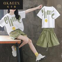 Girls summer suit shorts 2022 new childrens foreign style T-shirt big childrens sports two-piece set