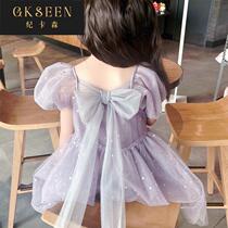 Girls mesh dress 2022 summer new short-sleeved shiny foreign style bow princess fluffy