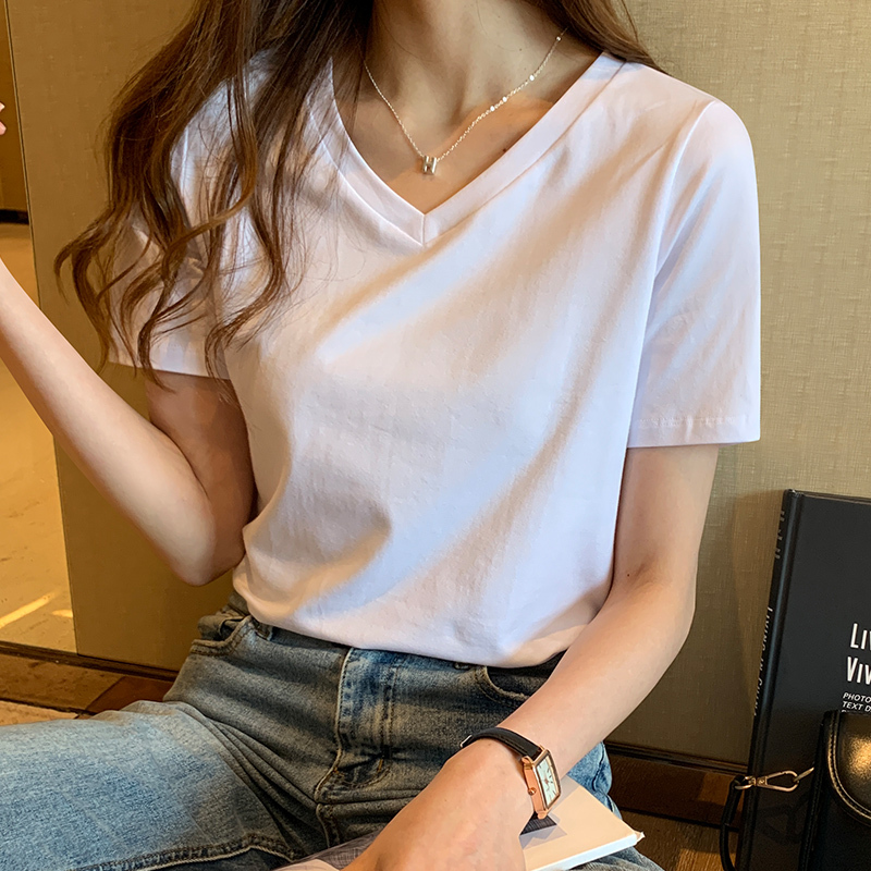 V-Neck T-Shirt for Women, Short-Sleeved White Base Shirt, 2025 New Cotton Regular Shoulder Sweetheart Neckline Summer Half-Sleeve Top