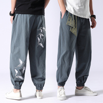 Loose linen pants Chinese style trousers men crane embroidery bloomers fat big size casual cotton linen Haren pants tide tide