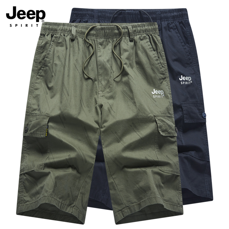 Jeep Pure Cotton Cropped Pants for Men, Loose Fit, Large Size Cargo Pants, Men's Casual Shorts, Over-The-Knee Beach Pants