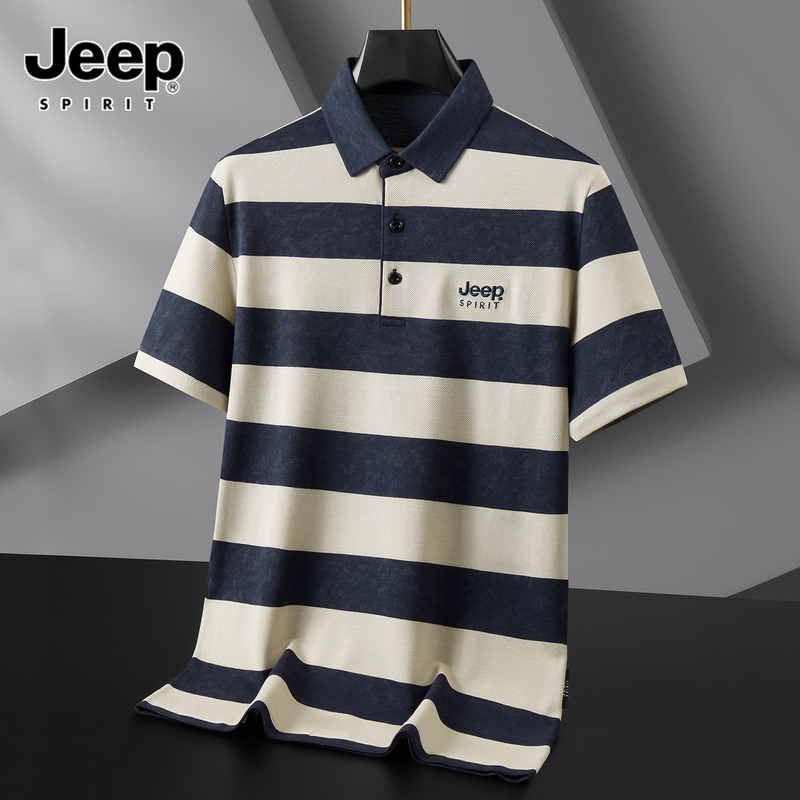Jeep Pure Cotton Short-Sleeve Polo Shirt for Men, Thin, Loose, High-End Casual Men's Short-Sleeve T-Shirt, Versatile Striped T-Shirt