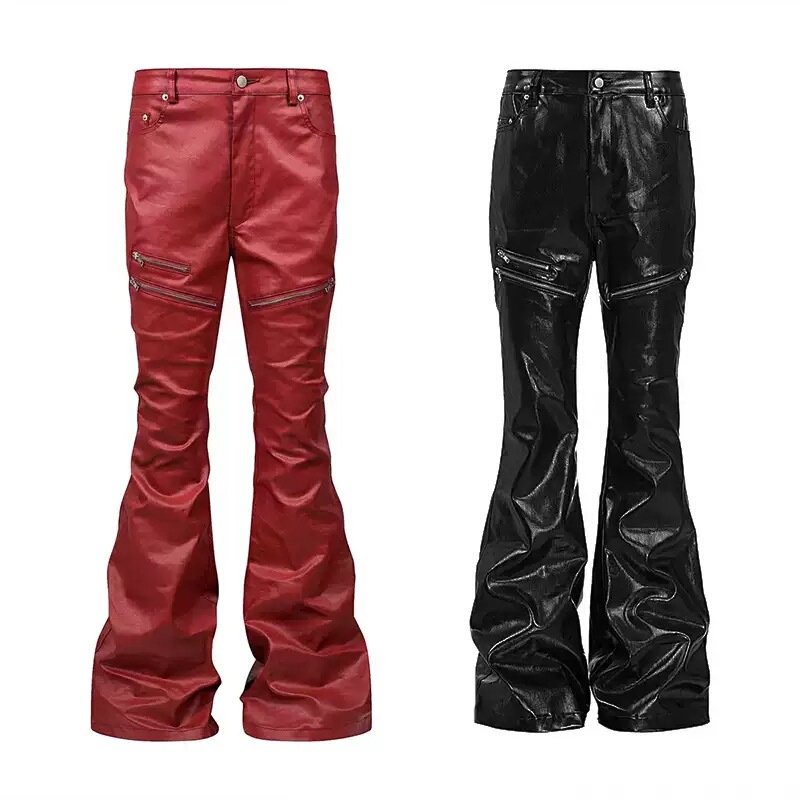 In Stock Dark Pioneer Niche Яёd Liquid Metal Visual Style Coated Wax Pants Couple's Flared Jeans