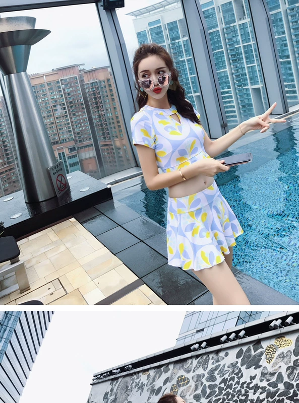 Áo tắm nữ mảnh dẻ bảo thủ hai mảnh ngực nhỏ tụ tập Hàn Quốc nhỏ tươi kiểu váy bụng giảm béo áo tắm boxer - Bộ đồ bơi hai mảnh