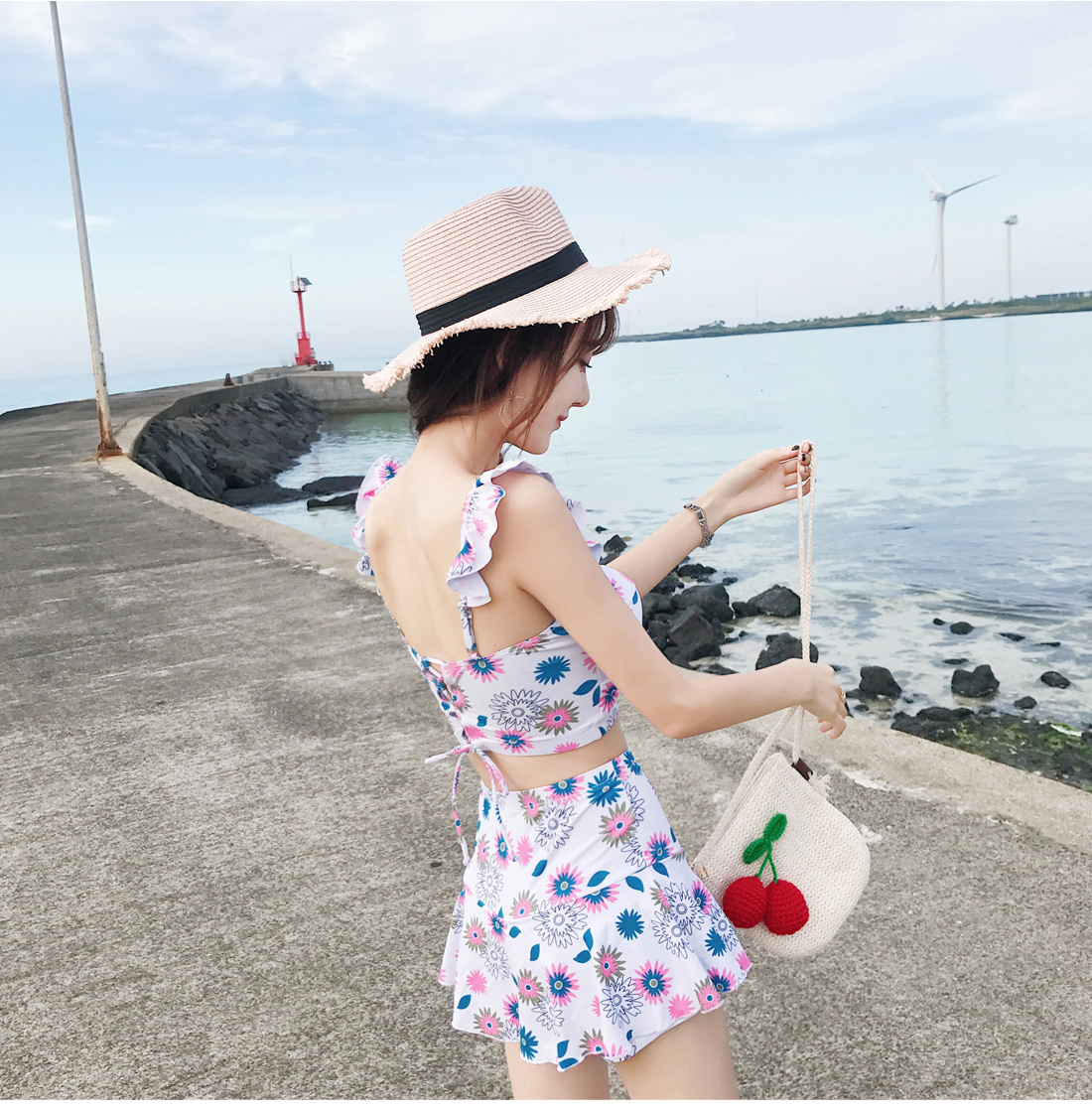 Yi Meishan áo tắm nữ bảo thủ chia hai mảnh ngực nhỏ tụ tập eo cao bằng phẳng che bụng giảm béo tắm nước nóng mùa xuân - Bộ đồ bơi hai mảnh đồ bơi 2 mảnh trẻ em