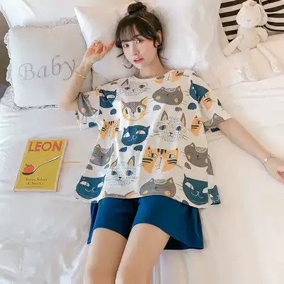 Cotton short-sleeved pajamas female summer Korean fresh student cute cartoon cat suit loose cotton home wear
