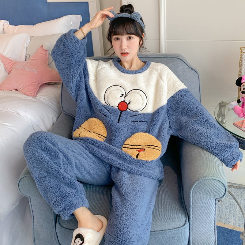 Autumn and winter coral fleece pajamas women's thickened and velvet winter style flannel spring and autumn warm and cute home service suit
