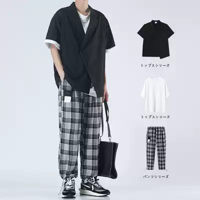High-end sense of shirt men's design sense of Hong Kong style Japanese casual cotton shirt summer set with handsome suit