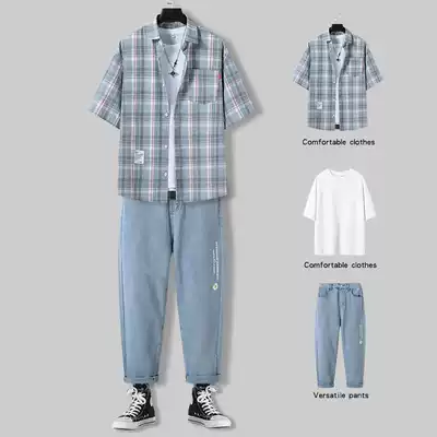 2021 new summer men's casual suit summer ruffian handsome men's set with handsome three-piece suit